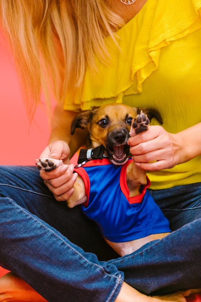 A playful small dog in a blue costume being held by a smiling woman indoors.